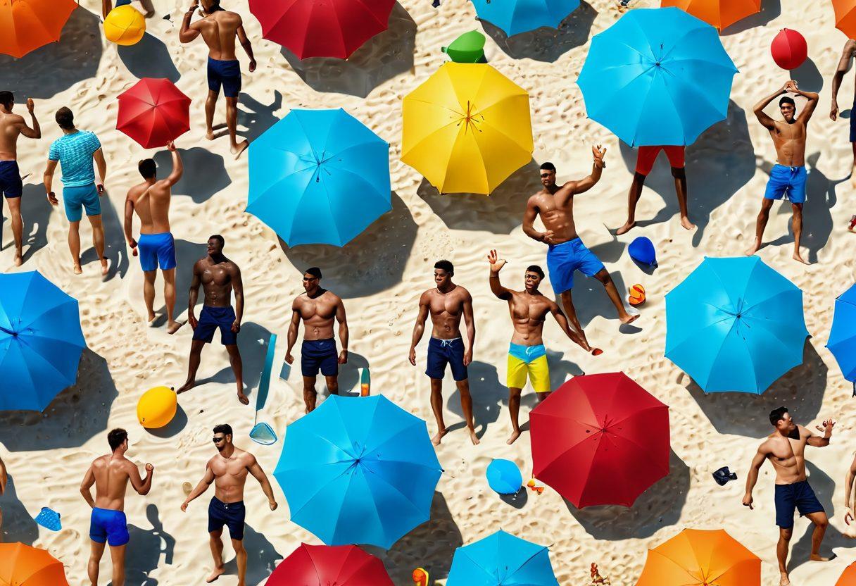 A vibrant summer beach scene featuring stylish male swimwear trends, showcasing a diverse group of men in trendy swimsuits engaging in fun activities like volleyball and surfing. The background should have colorful beach umbrellas and crystal-clear water, with an artistic touch that highlights the beauty of summer. Incorporate dynamic poses and candid moments to capture the essence of summer fun. bright and colorful. 3D digital art.