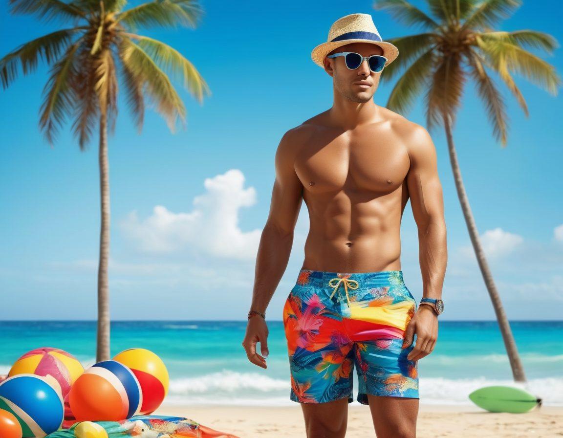 A stylish male figure confidently wearing vibrant swim shorts on a beach, surrounded by colorful beach fashion accessories like sunglasses and beach hats. The background features a lively ocean with artistic splashes of color symbolizing the evolution of swimwear. Include dynamic elements like surfboards and beach balls to convey a sense of fun and leisure. super-realistic. vibrant colors. tropical setting.